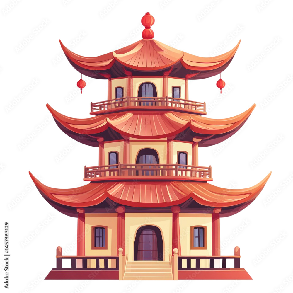 Fototapeta premium Three story pagoda Asian architecture red roof curved eaves balconies lanterns