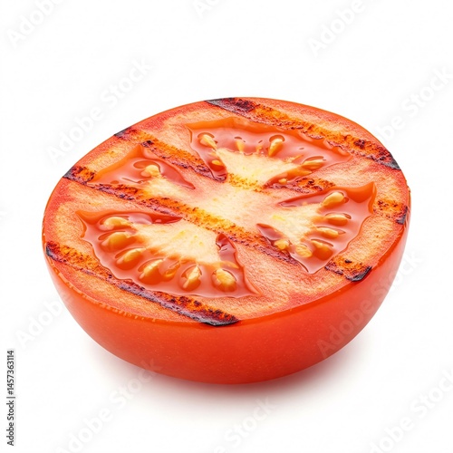 Halved grilled tomato from above, isolated on white