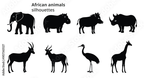 Animal Silhouette or Logo Collection isolated on white background. Elephant, Hippopotamus, Eland, Oryx, Giraffe ,Wattled , Rhinoceros, Warthog,Fully customizable vector illustrations.