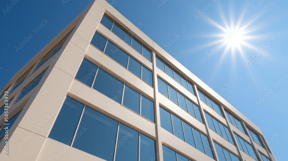 Modern glass office building against a clear blue sky  