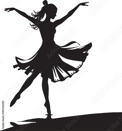 Graceful female ballerina dancing on stage with lifted leg in silhouette style for art and design use