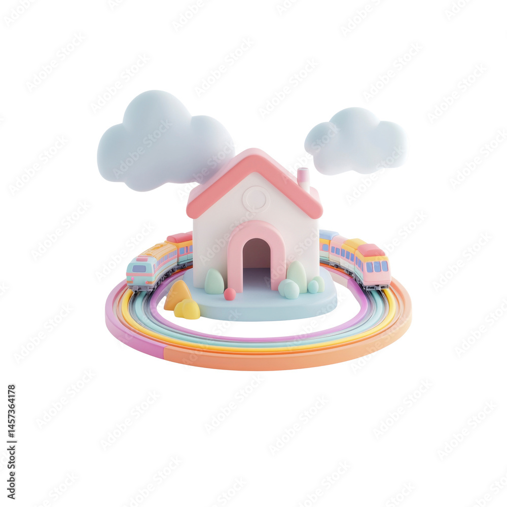 Fototapeta premium Whimsical 3D Render of a Pastel House with Trains Circling a Rainbow Track