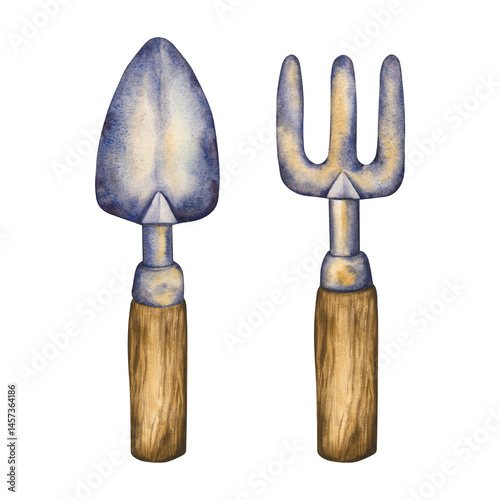 Watercolor Garden Shovel and Pitchfork. Watercolor illustration garden tools isolated on white. Hand drawn gardening instrument for harvesting crops, work in the garden, and care of house plants