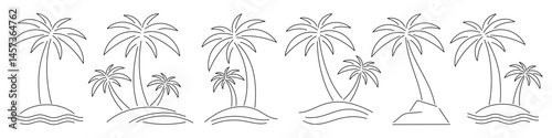 Set of tropical palm tree line art. Editable Stroke. Hand drawn coconut trees. Minimalist summer outline design for beach logo, tattoo, travel icon, exotic island decor.