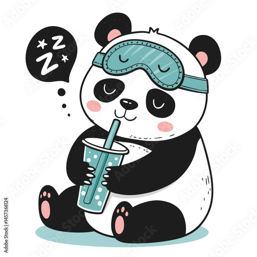A cute, sleepy panda wearing a black eye mask, relaxing and enjoying a cup of bubble tea.  Illustrative style.