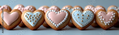 Several heart shaped cookies are lined up in a row food background banner