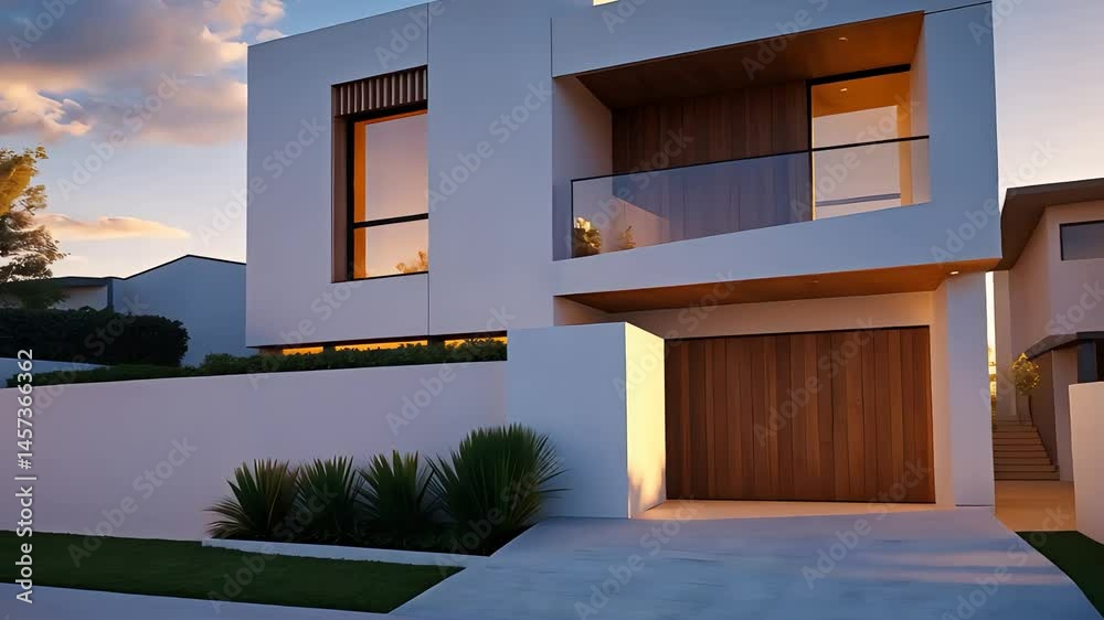 Modern minimalistic home with a sleek architectural design, featuring a wooden garage door and large windows, set in a residential neighborhood.

