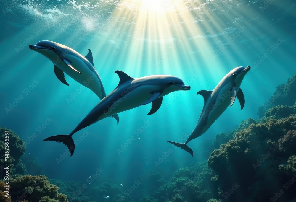 Obraz premium dolphins swimming gracefully vibrant ocean waves under shimmering sunlight, water, sea, marine, blue, aquatic, coral, school, splash, foam, surf, shore
