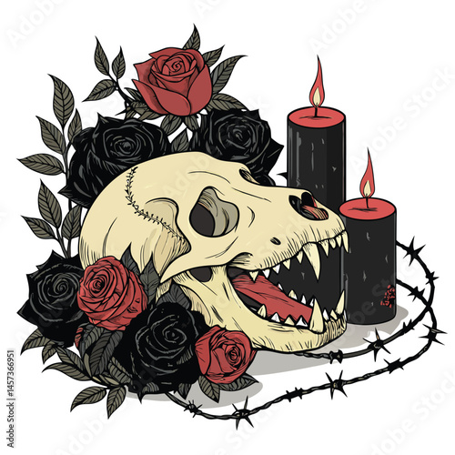 Create a gothic-style image of a snarling dog skull adorned with black roses and a flickering candle.  Emphasis on dark, dramatic lighting.