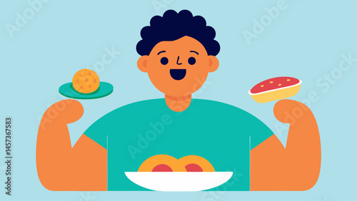 Binge Eating An of a person with a comically large plate of food happily devouring it while ignoring a small bowl of healthy snacks indicating poor dietary habits.