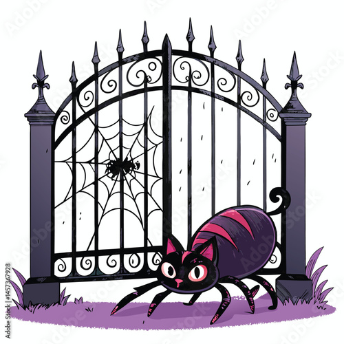 A gothic-style iron gate, intricately detailed, with a feline-arachnid hybrid creature crawling across it; dark, moody lighting.