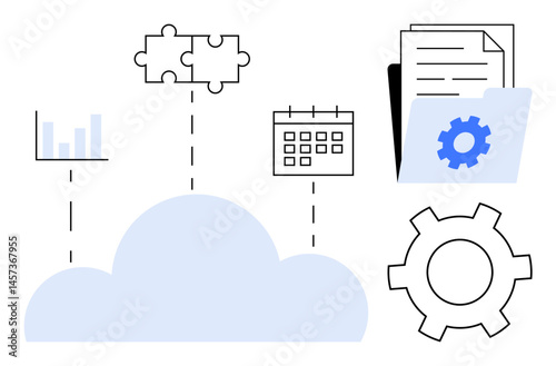 Cloud connecting puzzle pieces, graph, calendar, folder, and gear. Ideal for teamwork, workflow, cloud storage, productivity data automation simple landing page