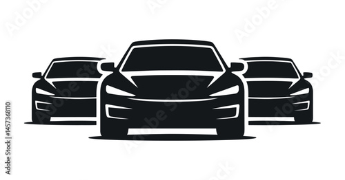 Three Modern Cars Front View Black Silhouette Icon Illustration