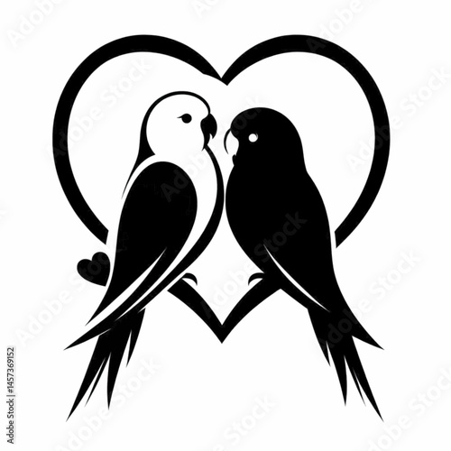 vector silhouette of a lovebird sitting closely with another, heart-shaped composition, minimal vector art, white background 
