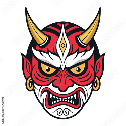 Create a digital painting of a stylized devil mask, heavily influenced by Japanese Oni aesthetics.  Emphasize sharp horns, vibrant colors, and intricate details.