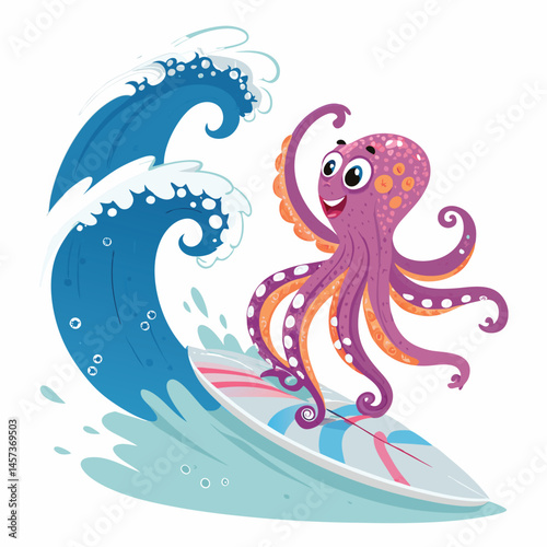 A stylized octopus, vibrant colors, riding a massive ocean wave, showcasing incredible surfing skill; all appendages actively involved.