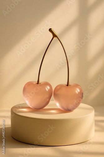 Two Pink Heart-Shaped Cherries on Soft Background