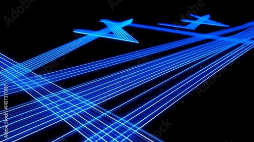 Loop Animation of Neon Blue Arrows Moving Across Black Background