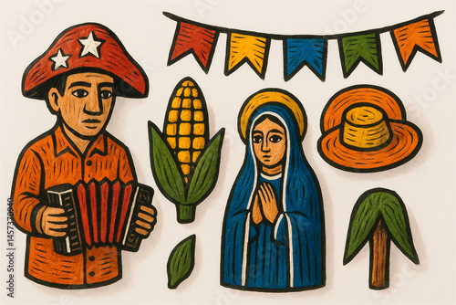 Ícones juninos com sanfoneiro e figura religiosa em estilo xilogravura