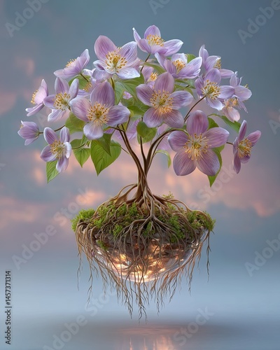 Botanical fine art photography collection, A floating flower tree with vibrant blooms and exposed roots. Botanical fine art inspired compositions, minimalist floral archive