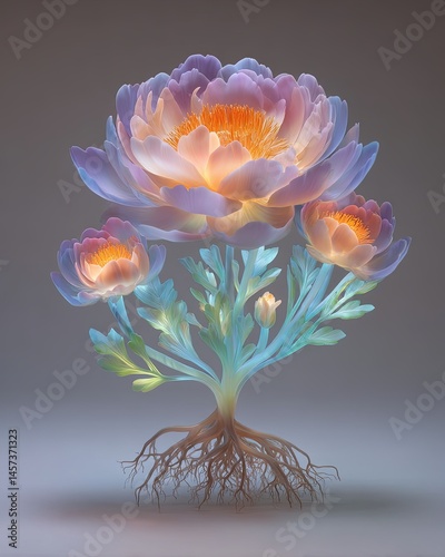 Botanical fine art photography collection, A luminous flower illustration with vibrant colors and roots. Botanical fine art inspired compositions, minimalist floral archive