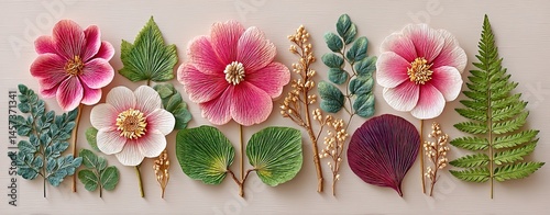 Botanical fine art photography collection, A colorful arrangement of handcrafted flowers and leaves. Botanical fine art inspired compositions, minimalist floral archive