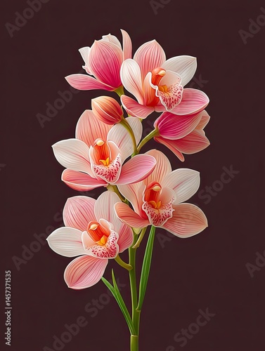 Botanical fine art photography collection, Delicate pink orchids blooming elegantly against a dark backdrop. Botanical fine art inspired compositions, minimalist floral archive