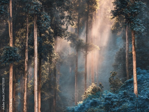 dense forest in morning mist with sunlight rays