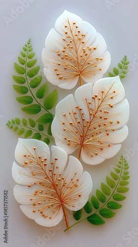 Botanical fine art photography collection, Elegant white leaves with intricate details and vibrant ferns. Botanical fine art inspired compositions, minimalist floral archive