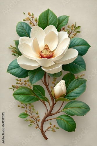 Botanical fine art photography collection, Elegant magnolia flower with lush green leaves and delicate buds. Botanical fine art inspired compositions, minimalist floral archive