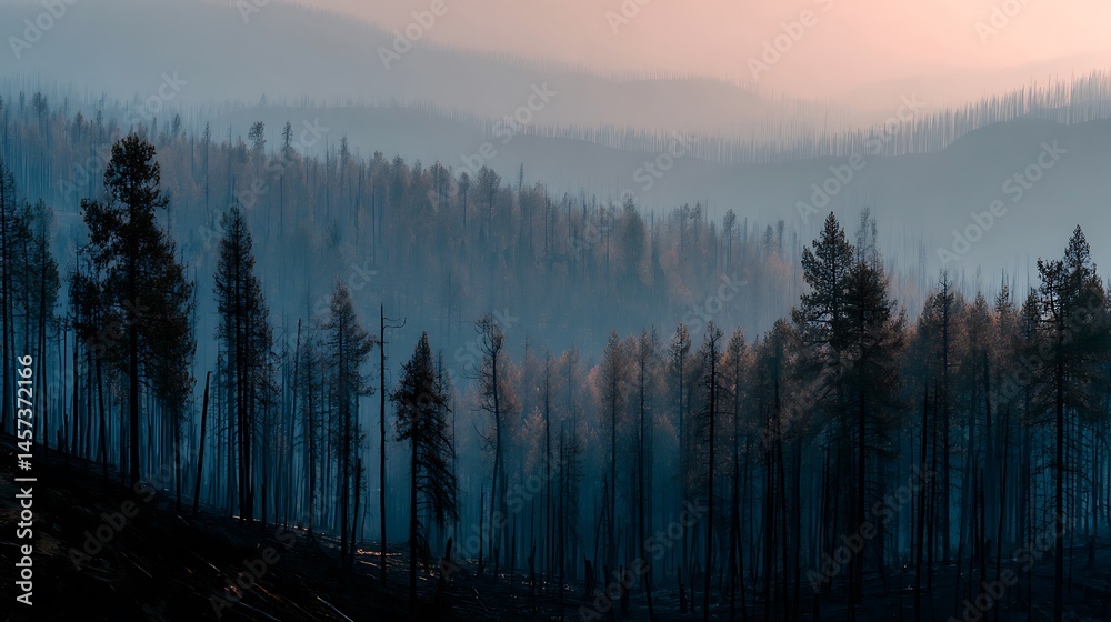 Obraz premium Misty forest after fire, damaged trees, hazy sunset