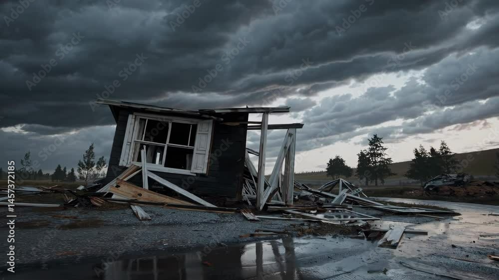 Dramatic storm over dilapidated structure as dark clouds gather in ominous sky Dramatic storm over dilapidated structure as dark clouds gather in ominous sky