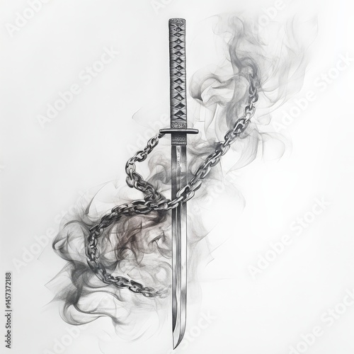 katana, draw, asian, cut, Japan, smoke, black and white, chain, weapon