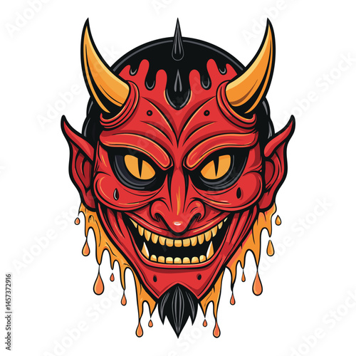Create a digital painting of a grotesque, twisted devil mask, grinning with a lava-red, dripping smile.  The lava should appear viscous and hot.