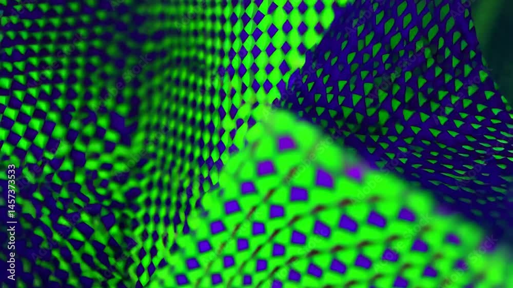 Vibrant green geometric grid undulates in rhythmic motion over a dark violet backdrop, creating an abstract animated pattern of depth and optical illusion