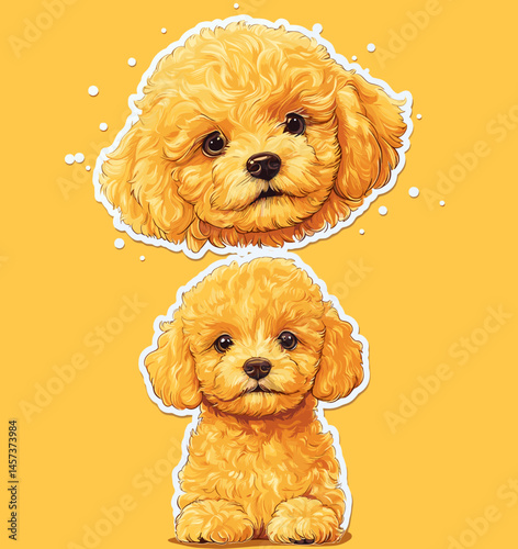 Cute Poodle Puppy Pair: Adorable portrait of two golden poodle puppies with big expressive eyes, captured in an adorable pose.  One is sitting, looking directly at the viewer.