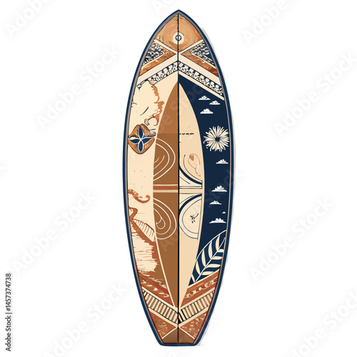 A vintage surfboard meticulously detailed with an antique ocean map, showcasing three fins.  Rich wood grain texture.