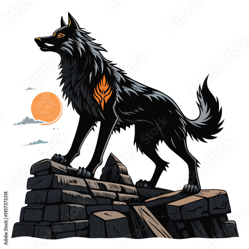 A gothic-styled, werewolf-like dog stands amidst crumbling gothic ruins, moonlight illuminating its fur.  Detailed textures and dramatic lighting.