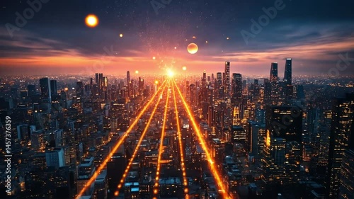Futuristic Cityscape at Sunset: A Vision of Technological Advancement