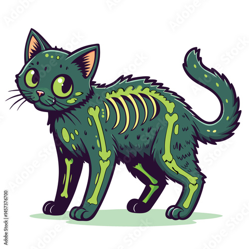 A decaying, neon-green-glowing zombie cat dragging its severed lower half across a dark, possibly apocalyptic, landscape.  Focus on the unsettling contrast of cute and grotesque.