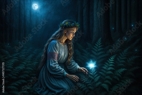 Young Woman in Folklore Dress Finding Magical Blooming Fern Flower With Night Forest in Background, Concept for Midsummer Tradition of Searching  Fern Flower 