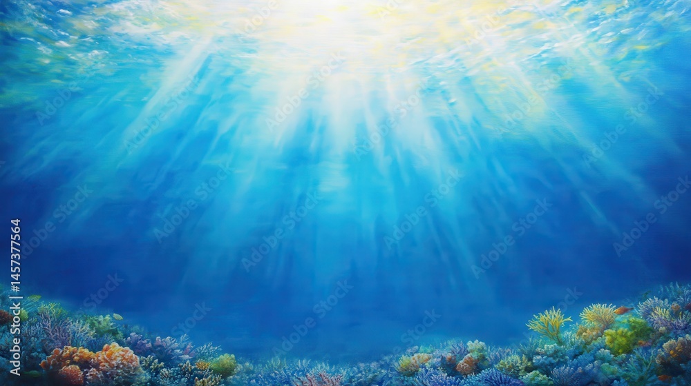 Fototapeta premium Sunlit ocean scene, vibrant coral reef below.