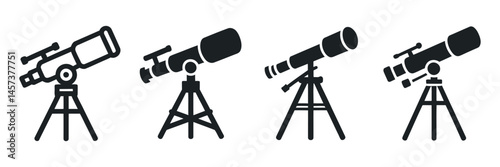 Four Different Telescopes on Tripods Set of Icons for Astronomy Space Exploration