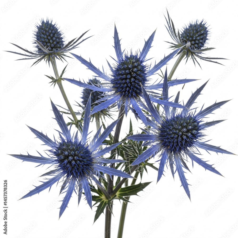 Obraz premium Three blue thistle flowers with spiky petals and green leaves on stems,