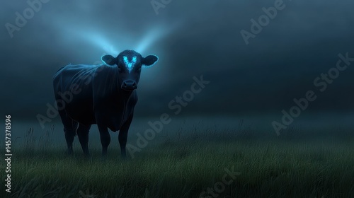 Dark bovine, glowing horns, night field.