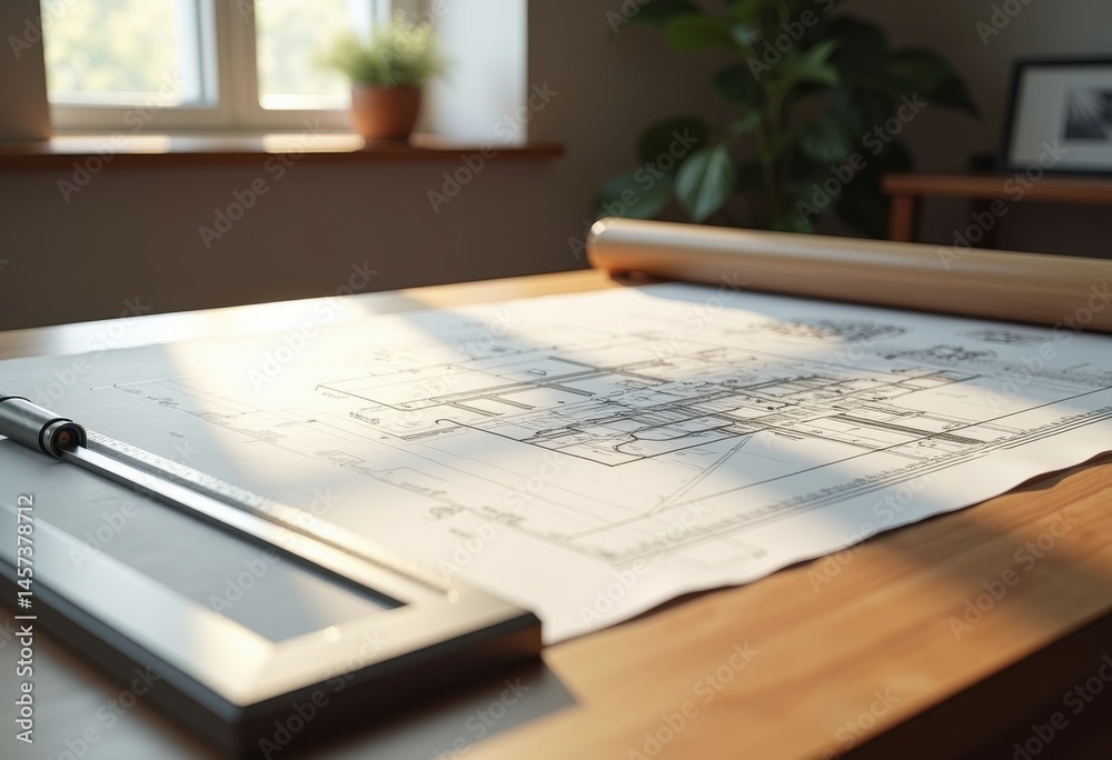 Obraz premium intricate architectural blueprint drafting table design layout technical drawing precision planning, schematic, measurements, lines, tools, paper, scale