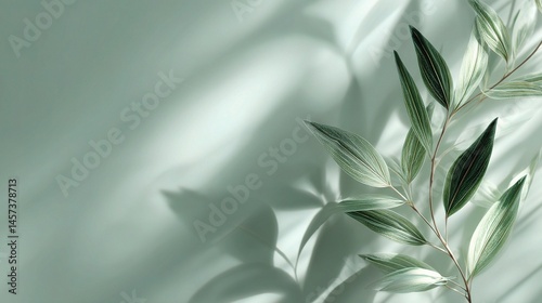 Soft Green Monochrome Background with Sage Leaves and Gentle Shadows