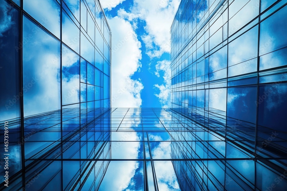 Modern glass skyscrapers, reflecting a vast, cloud-filled sky, rise high.  Detailed view of the glass panels and their reflection
