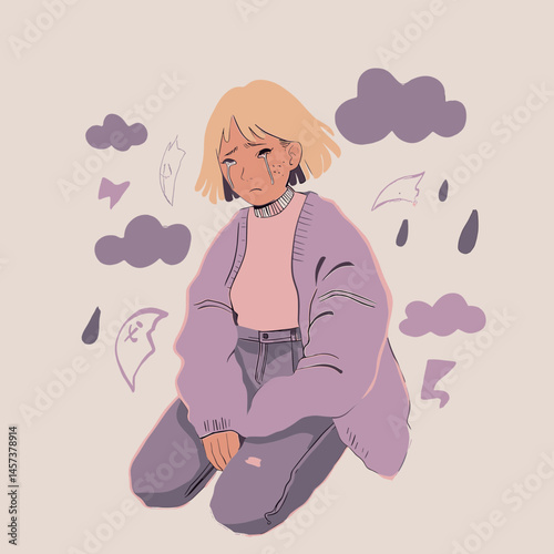Solitude and Melancholy: A person sits in solitude, amidst the rain and storm clouds, representing a moment of deep introspection, with emotional illustration style.