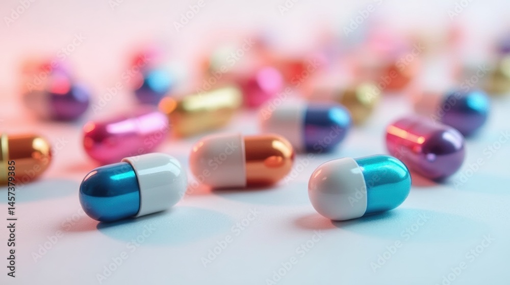 A colorful collection of shiny capsules with metallic coatings, arranged on a white background for a futuristic health concept. A colorful collection of shiny capsules with metallic coatings, arranged on a white background for a futuristic health concept.